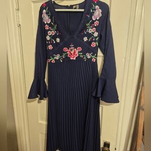 Stunning, ASOS Navy Dress with Floral Embroidery And Pleated Skirt